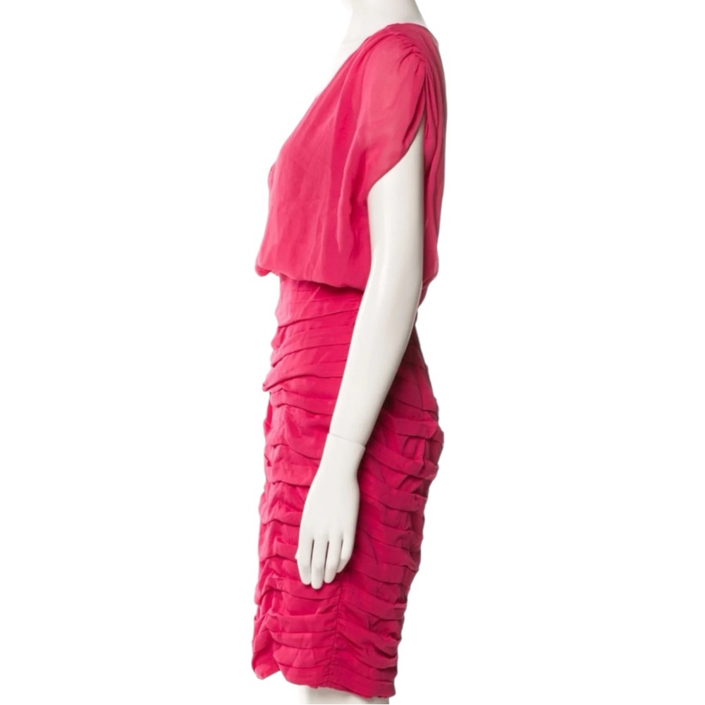 ALICE + OLIVIA 100% Silk Strawberry Pink Ruched Cocktail Mini Dress Size M - Picture 3 of 11